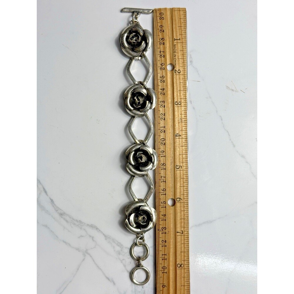 Silver Black Antiqued Rose Bracelet Vintage Style Flower Stainless-S 7-8" Toggle - Picture 5 of 6